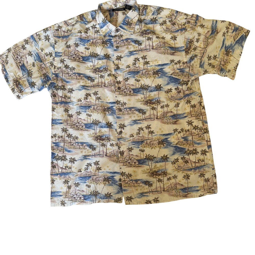Vintage‎ Pierre Cardin Mens XL Tropical Palm Tree Island Print Hawaiian Shirt